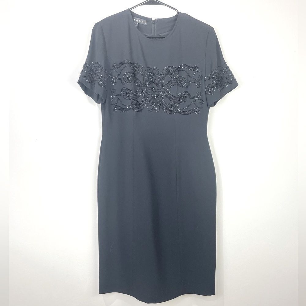 Marianna Vintage 90s Beaded Dress Size 6 Black Short Sleeves Party LBD Modest